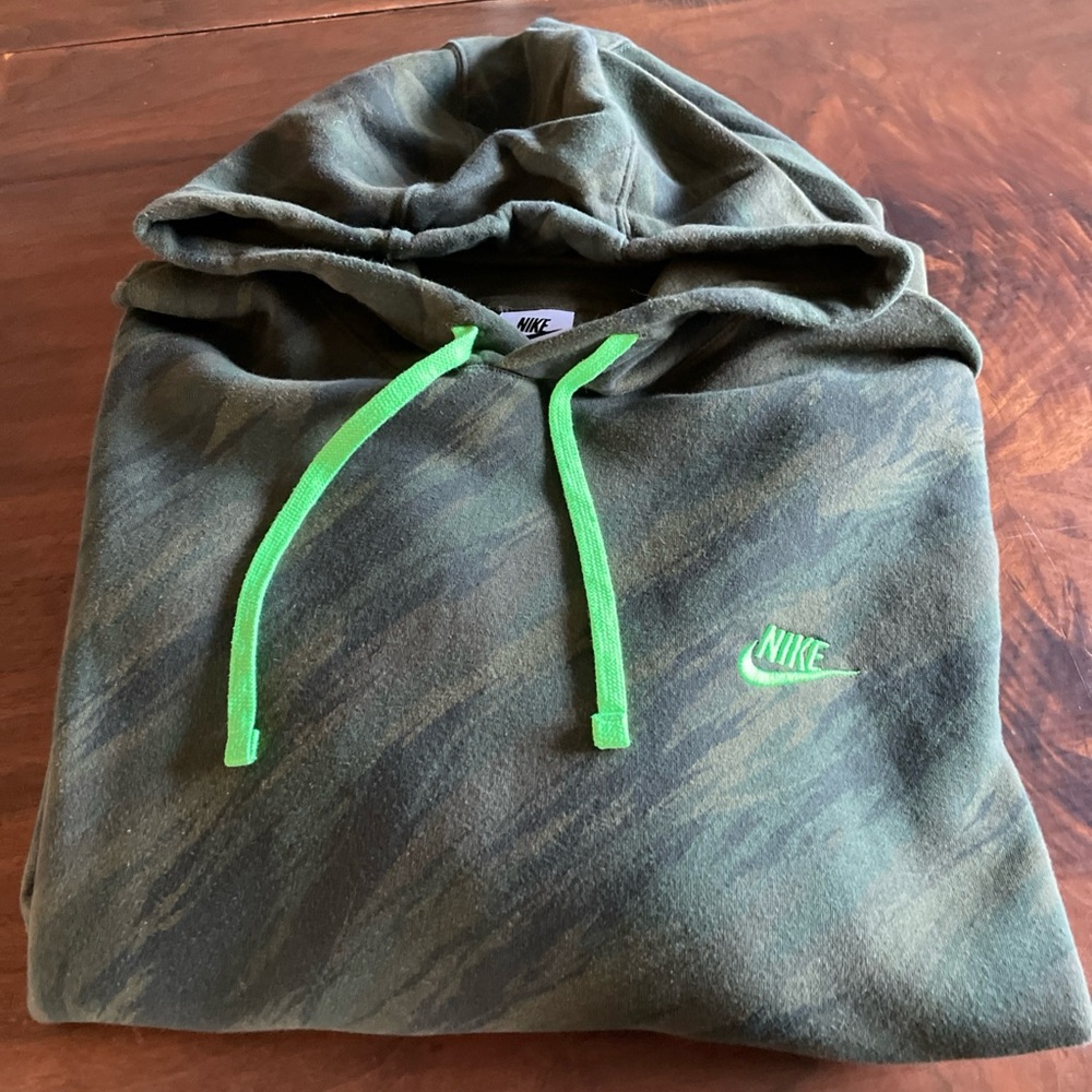 Nike Olive Green Camo Hoodie with Neon Green Accents